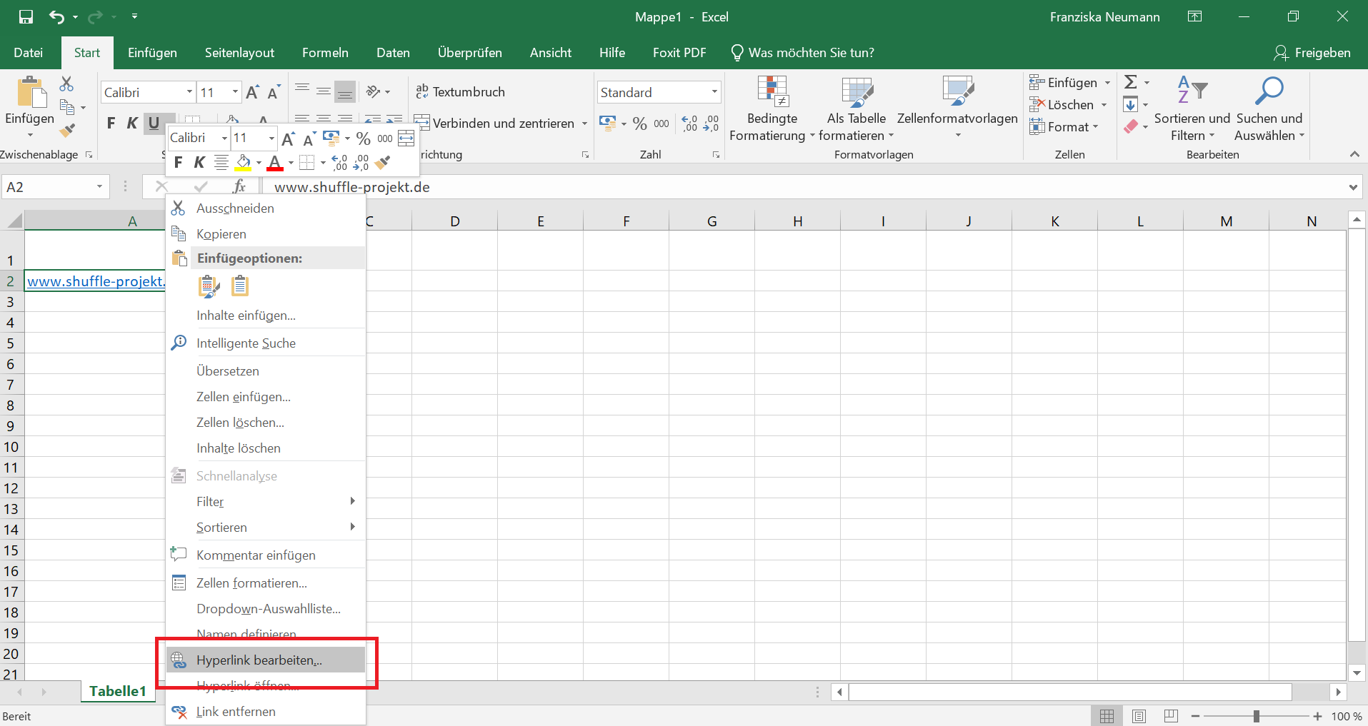 Excel-Datei mit Hyperlink. Durch Rechtsklick ist das Kontext-Menü des Hyperlinks geöffnet. 