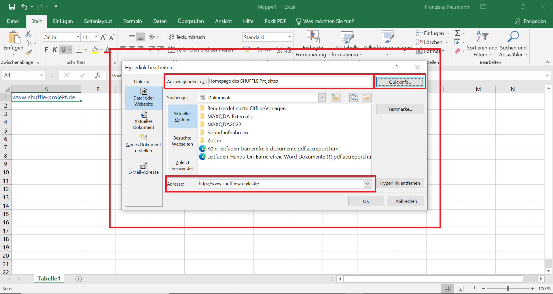 Excel-Datei mit Hyperlink. Die Eingabemaske zum Bearbeiten eines Hyperlinks ist geöffnet. 