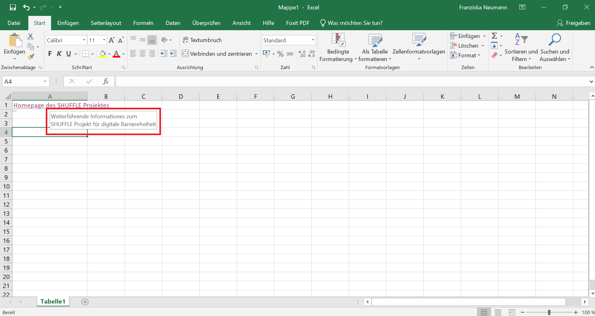 Excel-Datei mit einem Hyperlink. Die Maus liegt auf dem Link, wodurch Hinweise über den Link erscheinen. 