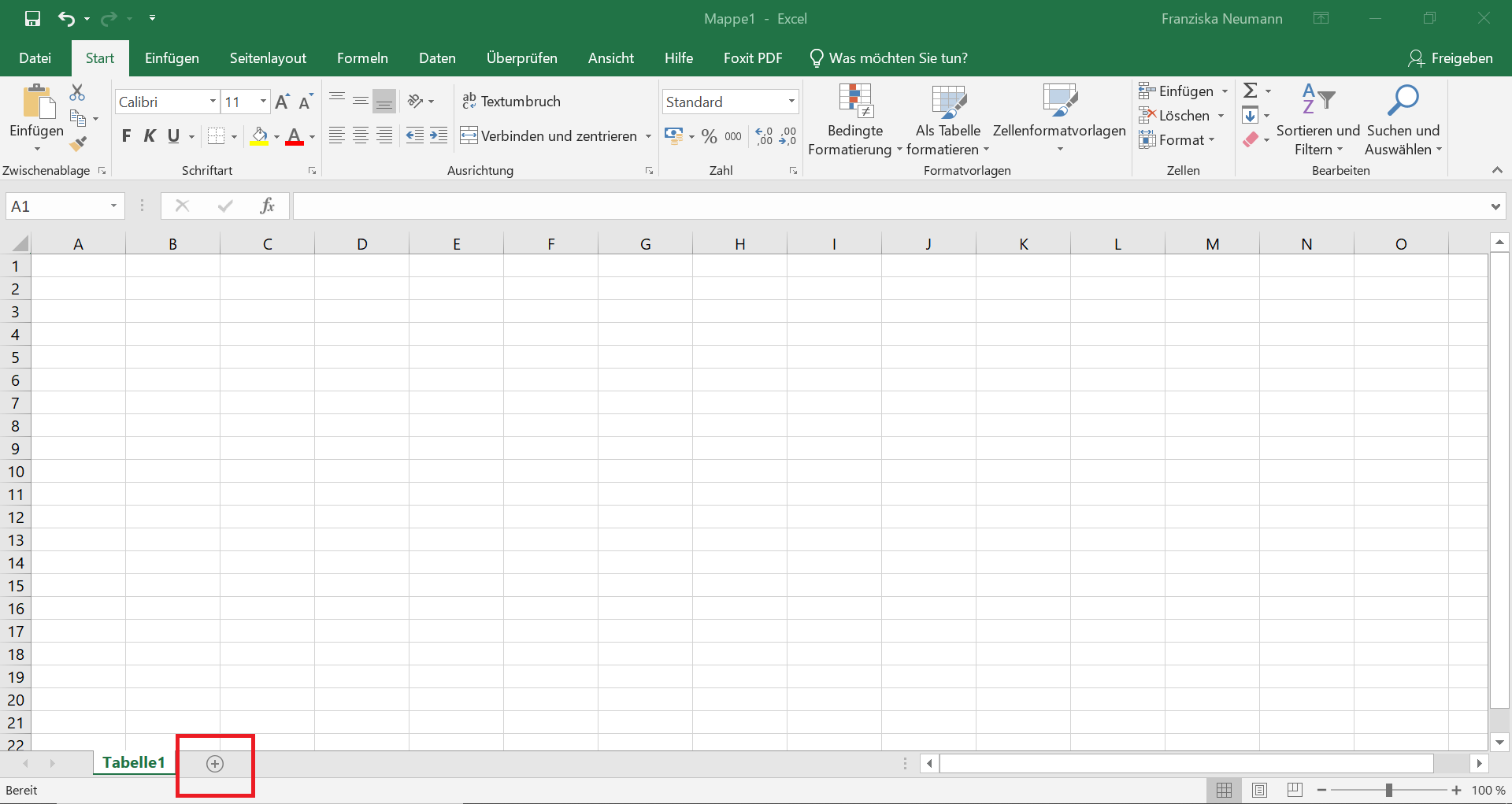Geöffnete Excel-Datei mit einem roten Kasten um das Pluszeichen an der unteren, horizontalen Leiste, um ein weiteres Tabellenblatt zu öffnen.