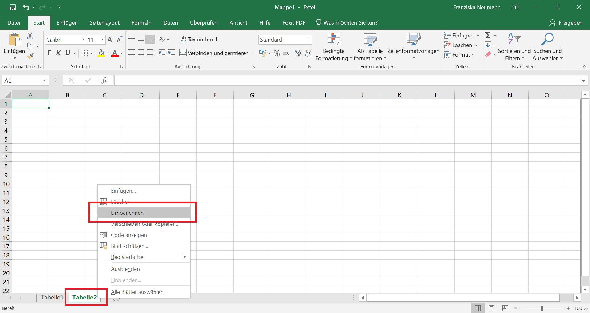 Excel-Datei mit geöffnetem Kontext-Menü eines Tabellenblattes, um es umzubenennen.