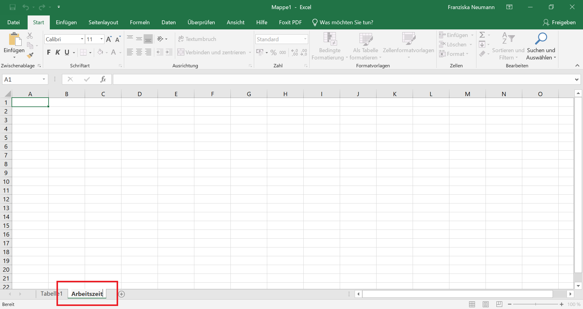 Excel-Datei mit zwei Tabellenblätter, welches eins davon in "Arbeitszeit" umbenannt wurde.
