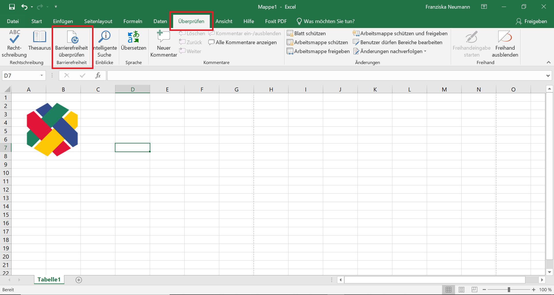 Excel-Datei mit einer Grafik, in dem der Reiter "Überprüfen" geöffnet ist und die Schaltfläche "Barrierefreiheit überprüfen" hervorgehoben ist