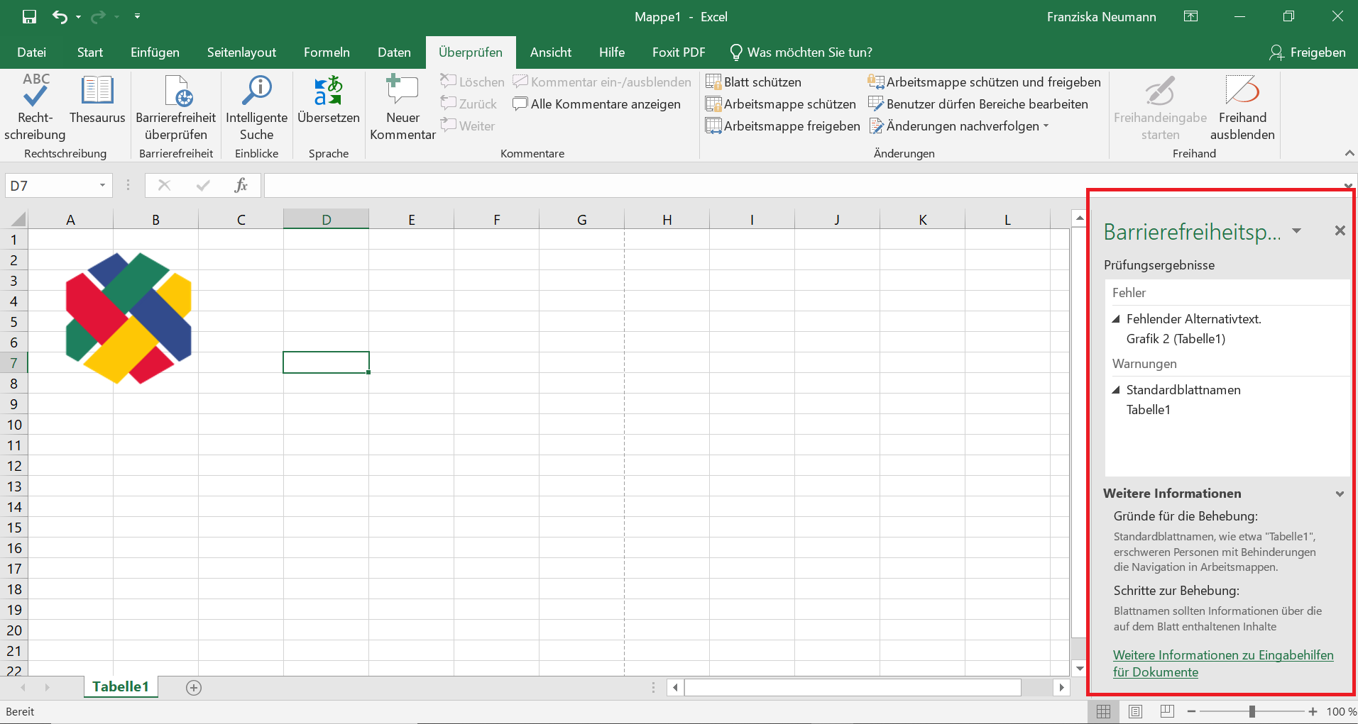 Excel-Datei mit Grafik, in dem der Prüfbericht der Barrierefreiheitsprüfung geöffnet ist.