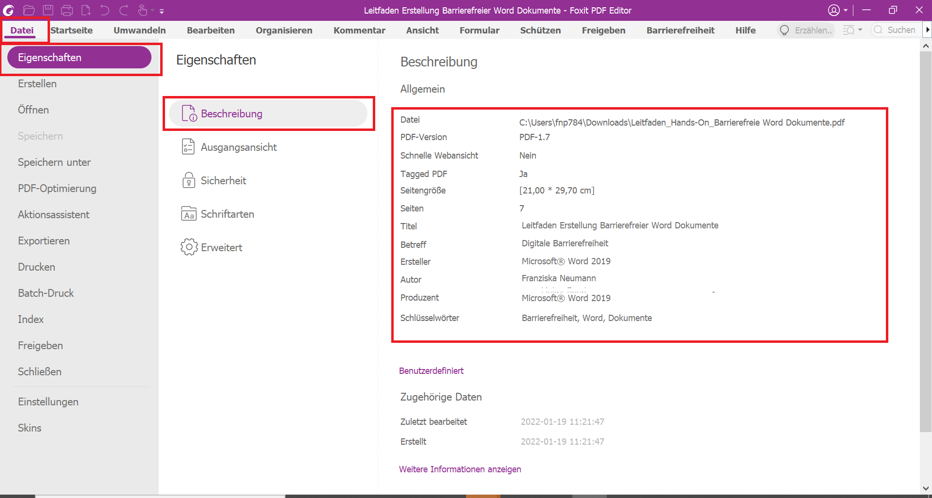 Die geöffneten Dokumenteigenschaften eines PDF-Dokuments