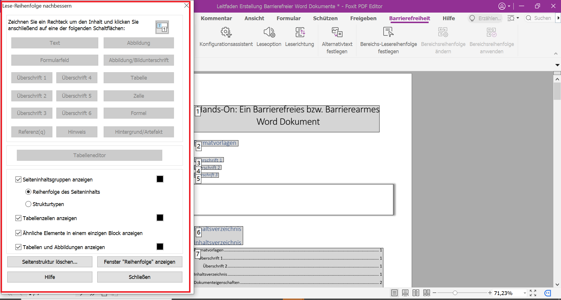 PDF-Datei in der das Menü zum Nachbessern der Leserichtung geöffnet ist