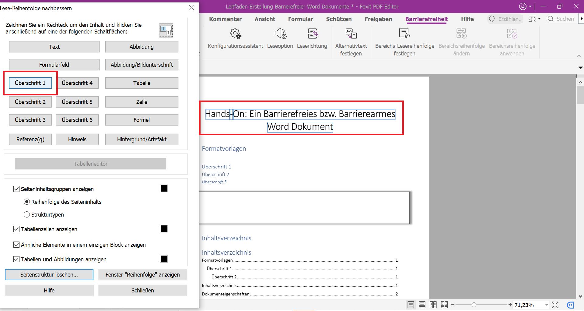 PDF-Datei mit geöffnetem Menü zum Nachbessern der Leserichtung geöffnet ist. Die Überschrift des Dokuments ist durch ein Rechteck markiert, wodurch man ihm nun die Position der Leserichtung zuordnen kann.