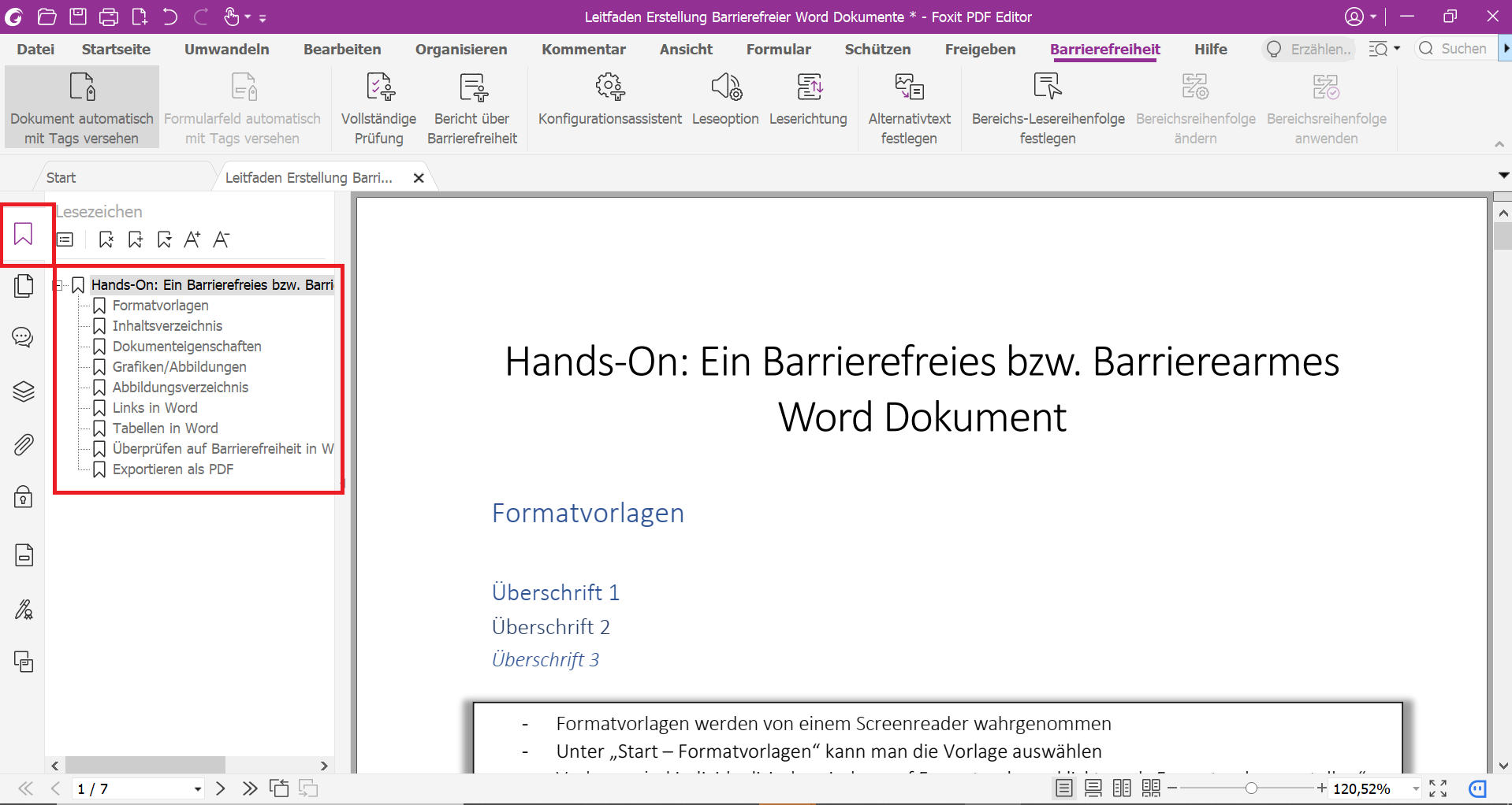 Eine PDF-Datei in dem der Navigationsbereich geöffnet und die Lesezeichen zu sehen sind. 