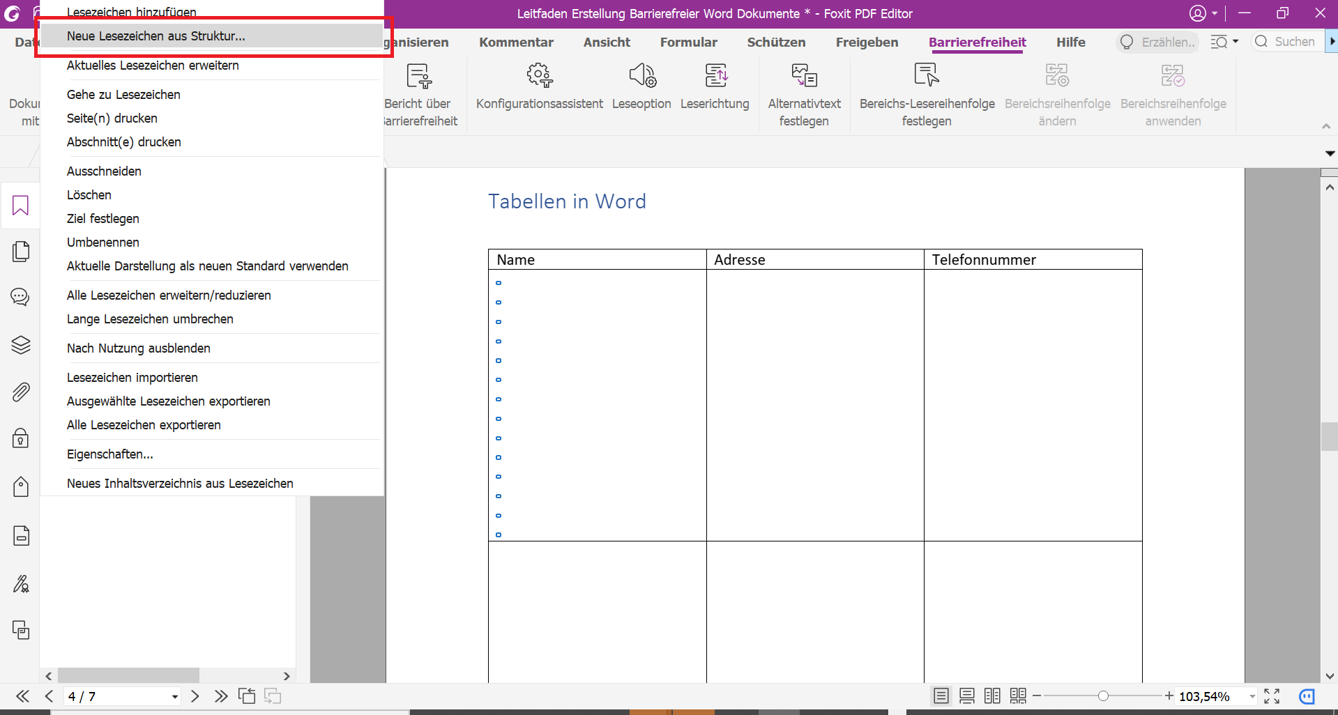 PDF Datei mit geöffnetem Pop-Up Menü der Lesezeichen.