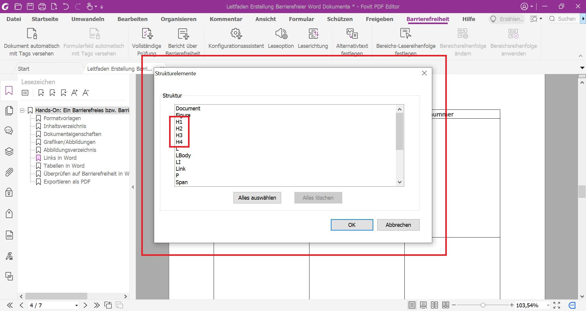 Geöffnetes Strukturelement-Menü, um die Strukturelemente auszuwählen, die als Vorlage für die Lesezeichen dienen.
