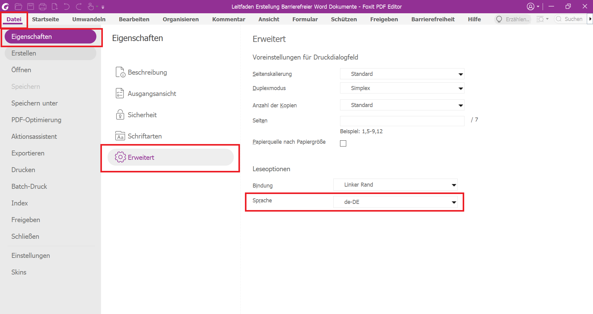 Erweitertes Eigenschaften-Feld von Foxit, in dem unter Leseoption die Sprache Deutsch ausgewählt hat.