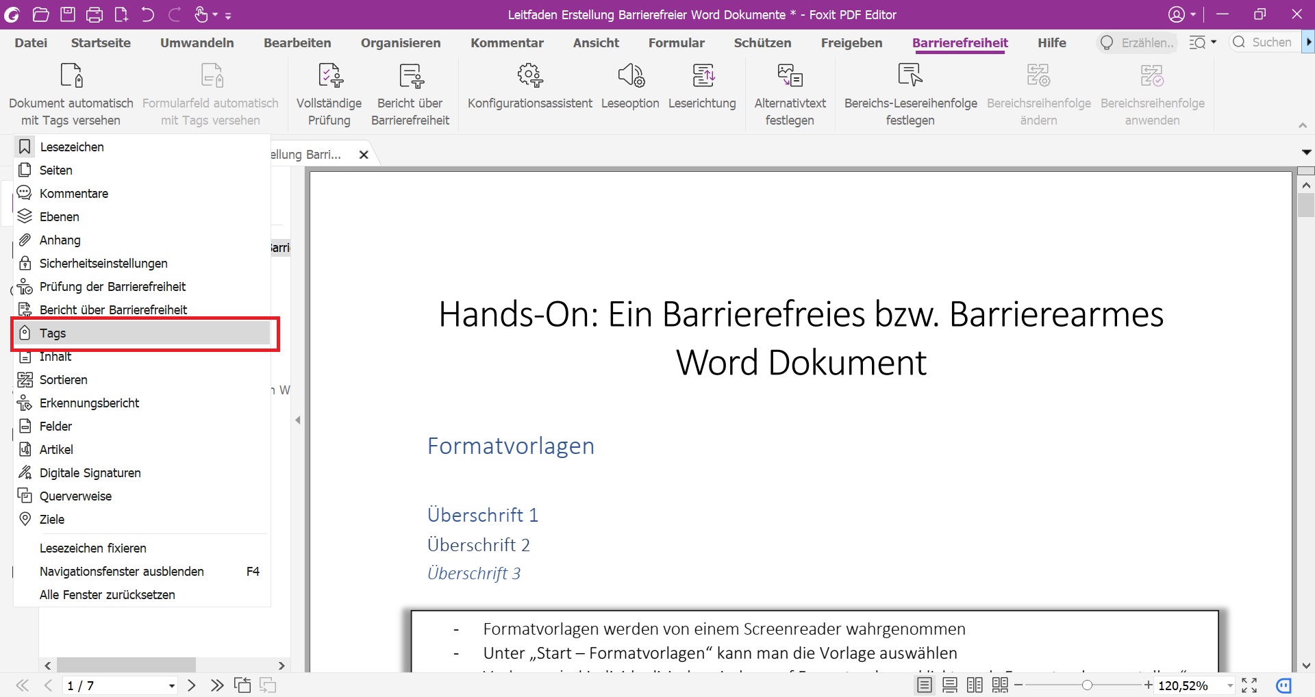 PDF Datei in dem das Kontextmenü der linken, vertikalen Navigationsleiste geöffnet ist. 