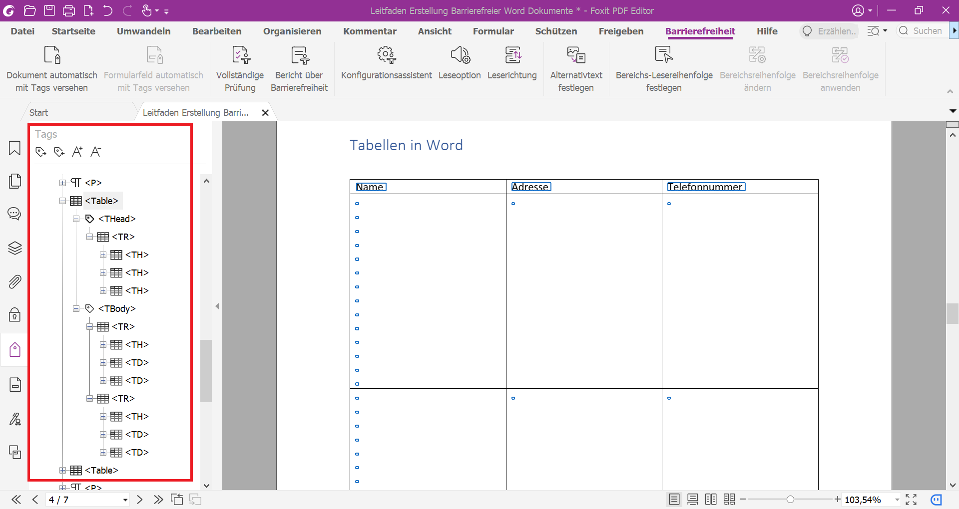 PDF-Datei, in der im Navigationsbereich die Tag-Struktur geöffnet ist.