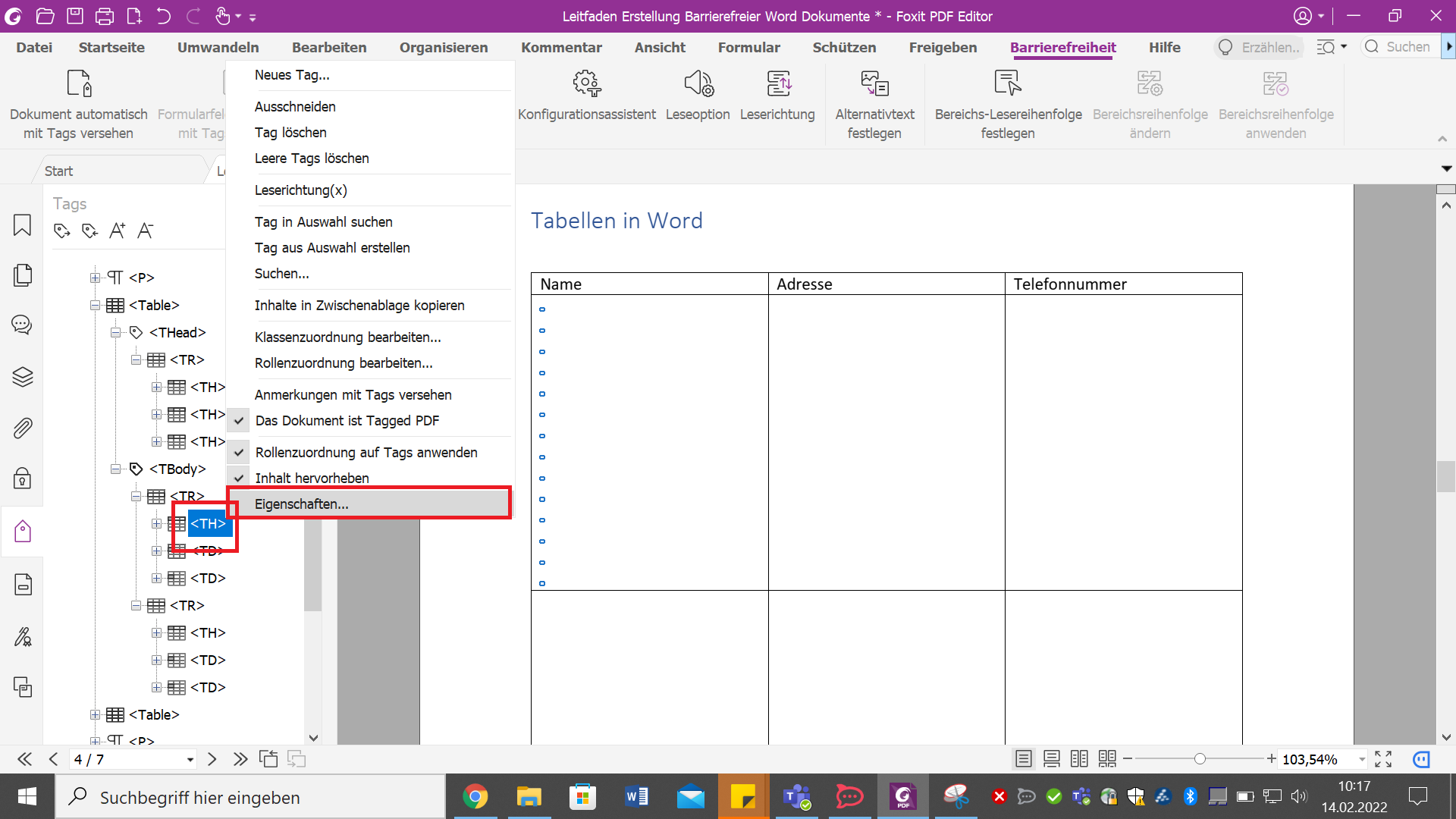 PDF-Datei in dem der Tagstrukturbaum im Navigationsbereich geöffnet ist. Es ist außerdem das Kontextmenü eines Tags geöffnet.