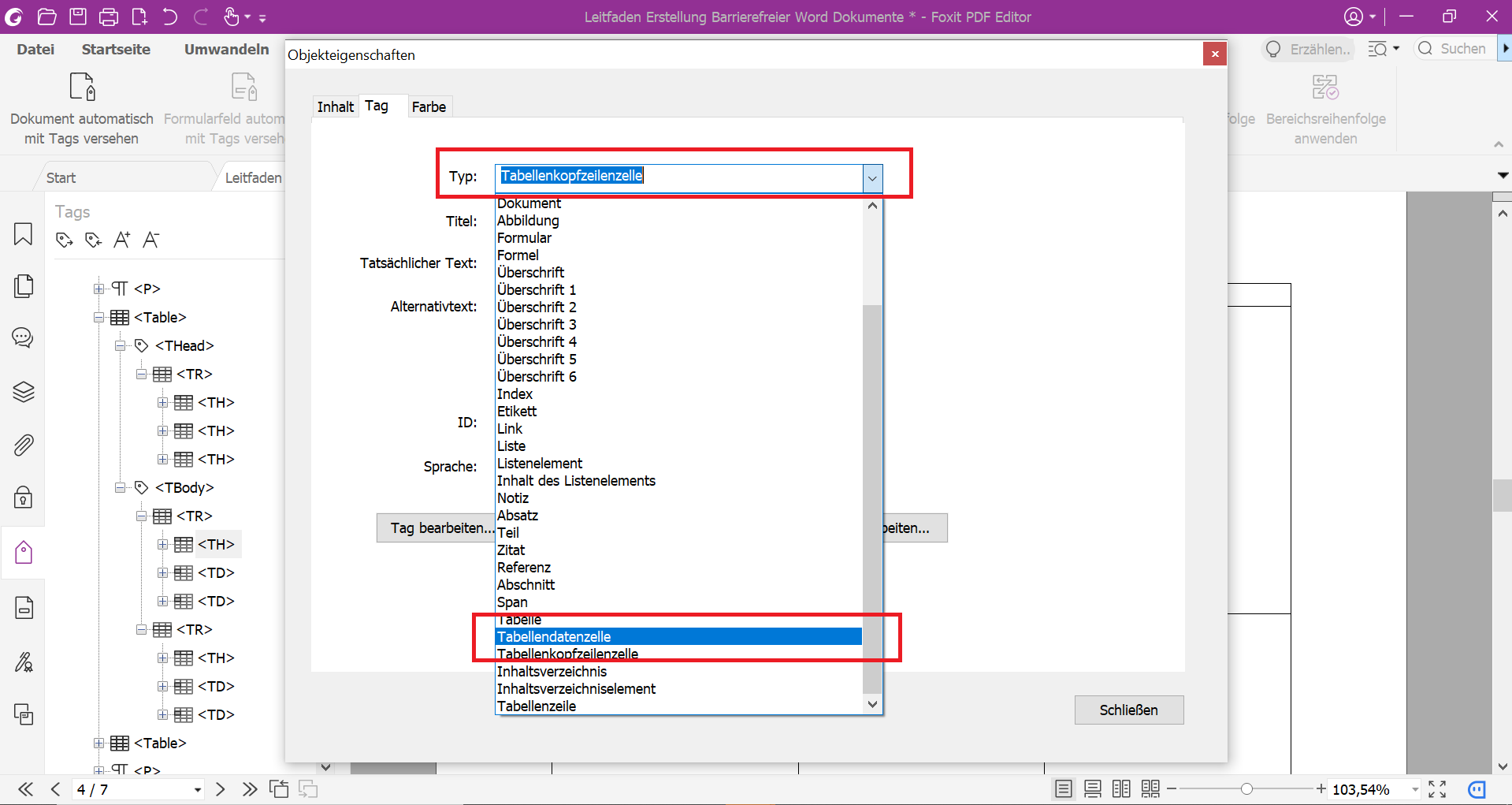 PDF-Datei, in dem das Eigenschaftenmenü des Tags ist geöffnet um den Typ neu zuzuordnen.