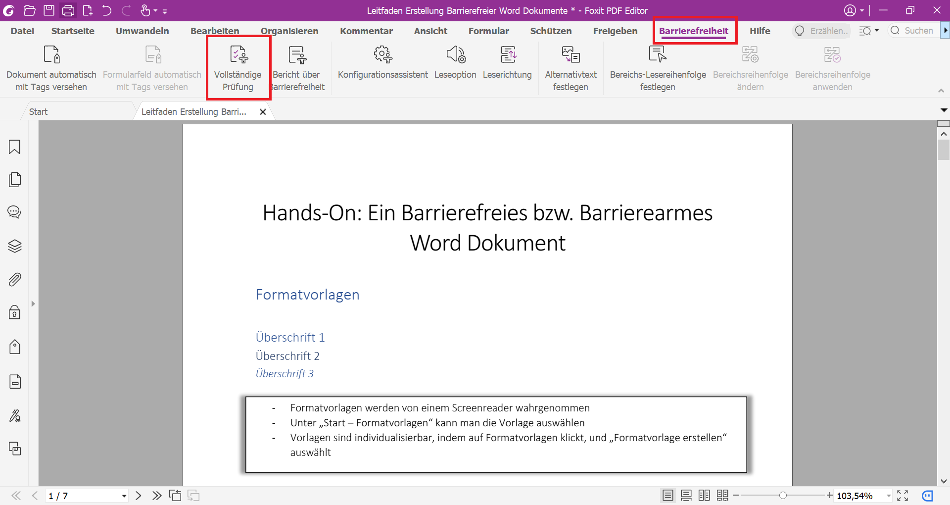 Ein PDF-Dokument in dem der Reiter Barrierefreiheit geöffnet ist, damit die vollständige Prüfung auf Barrierefreiheit ausgewählt werden kann.