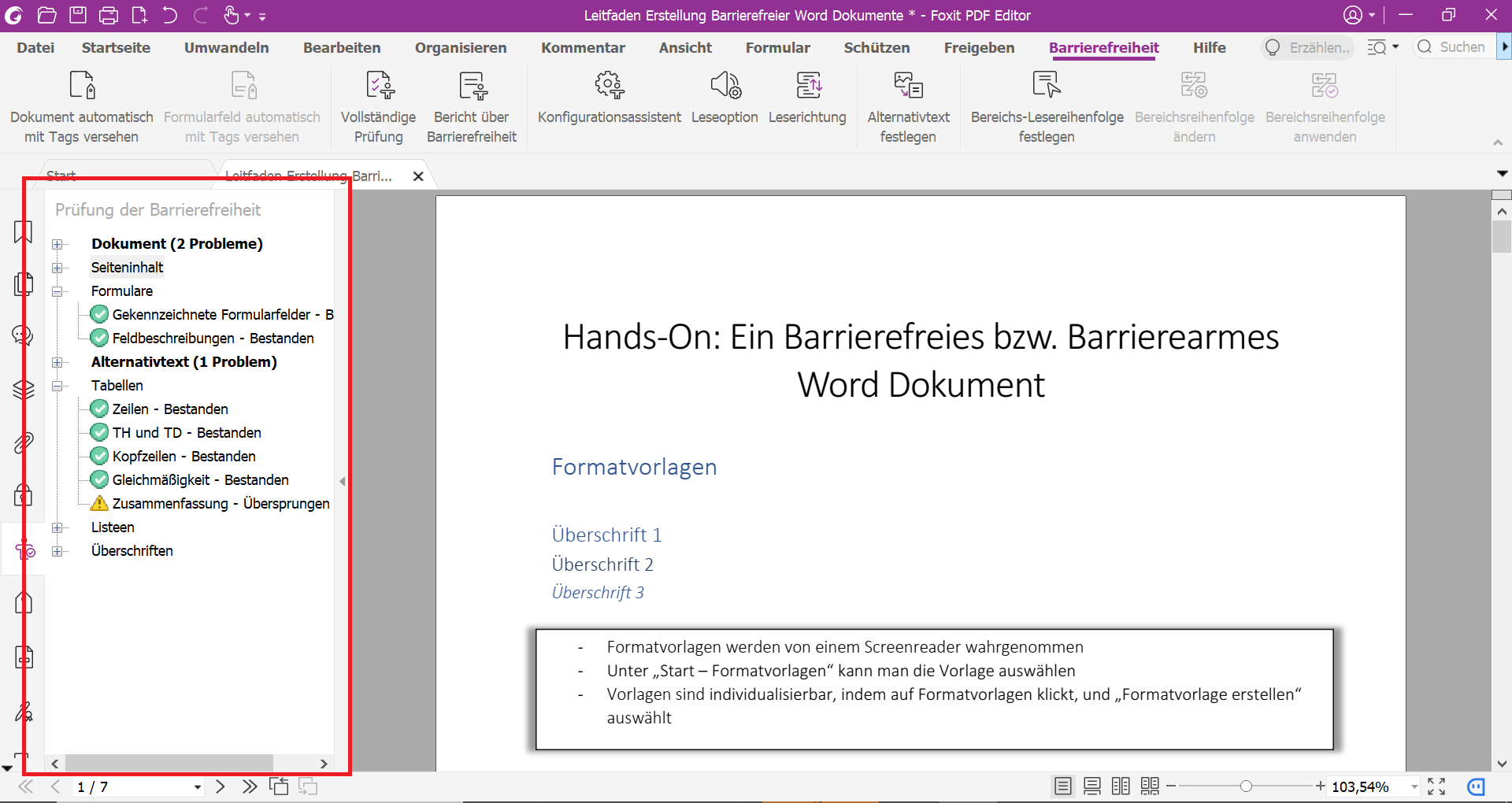 PDF-Datei in welcher der Prüfbericht der Barrierefreiheitsprüfung im Navigationsbereich geöffnet ist. 