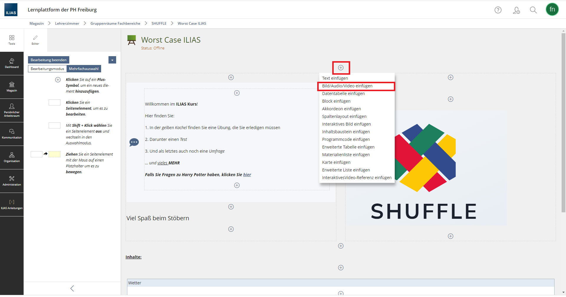 Screenshot eines ILIAS Kursraum. Über die Plus-Schaltfläche sind die Gestaltungsmöglichkeiten geöffnet.
