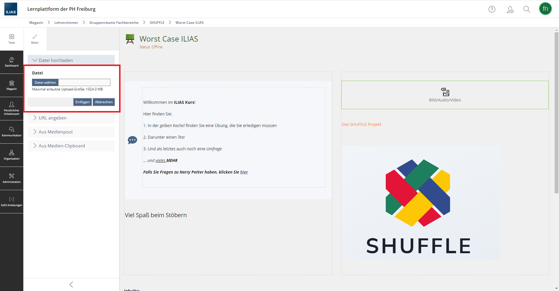 Screenshot eines ILIAS-Kursraums im Bearbeitungsmodus. Der Datei-Upload ist geöffnet.