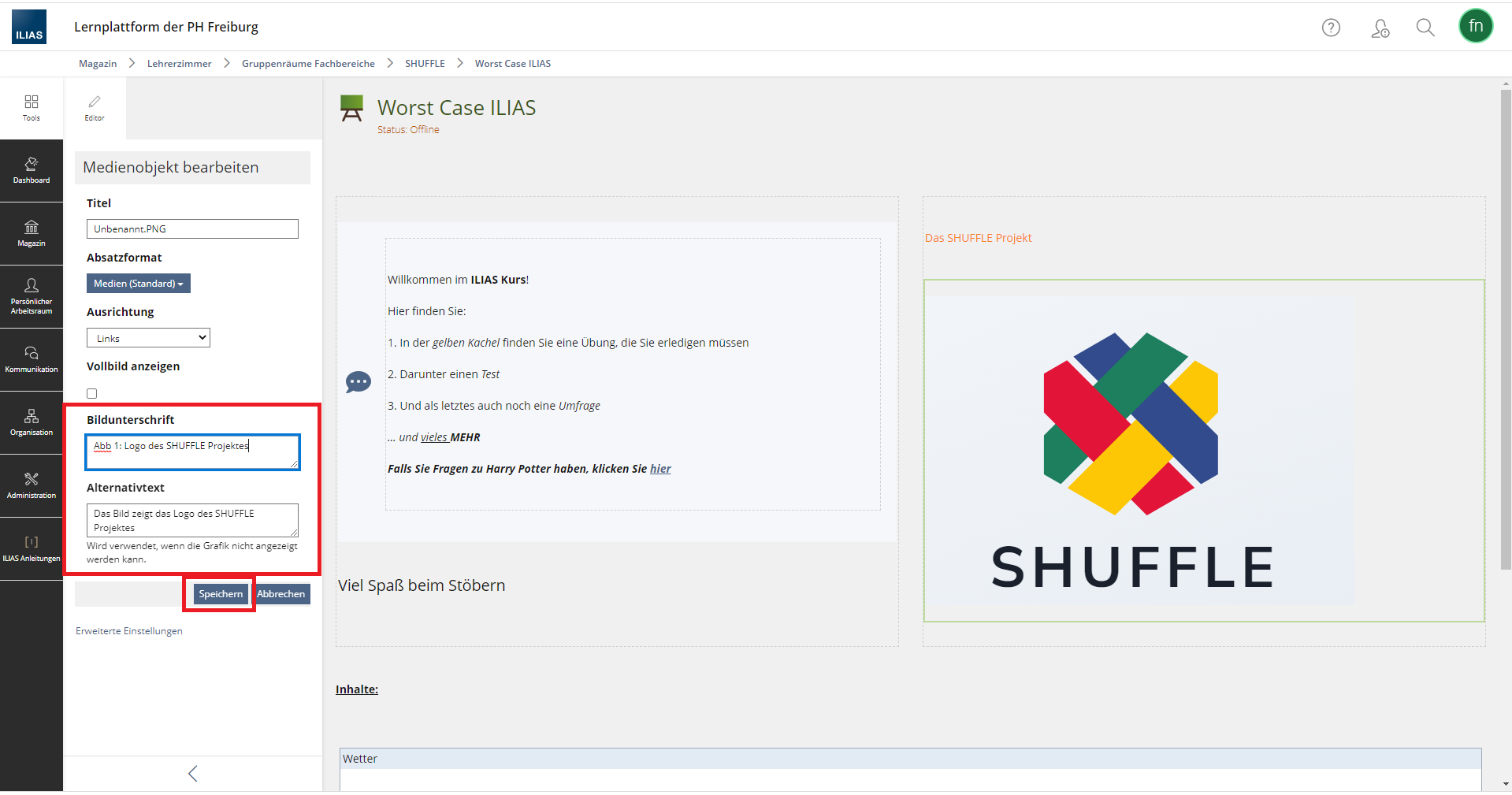 Screenshot eines ILIAS Kursraumes im Bearbeitungsmodus. Das Menü zum Hinzufügen eines Alternativtextes ist geöffnet.
