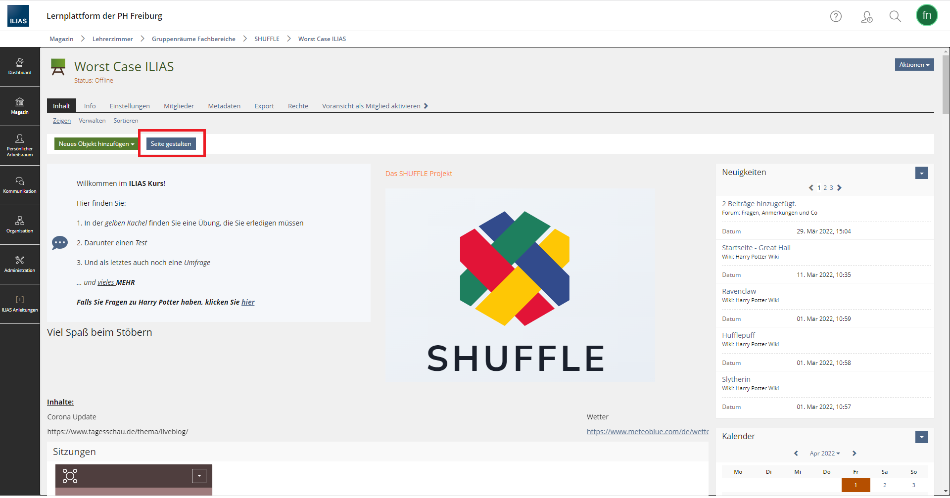 Screenshot eines ILIAS Kursraum. Die
Schaltfläche "Seite gestalten" ist rot umrahmt.