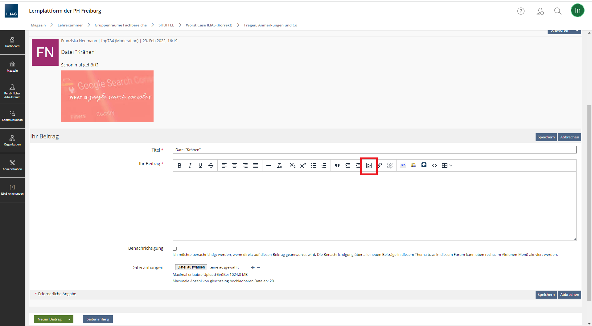 Screenshot des Forums, in dem der Text-Editor geöffnet ist, um eine Antwort zu schreiben. 