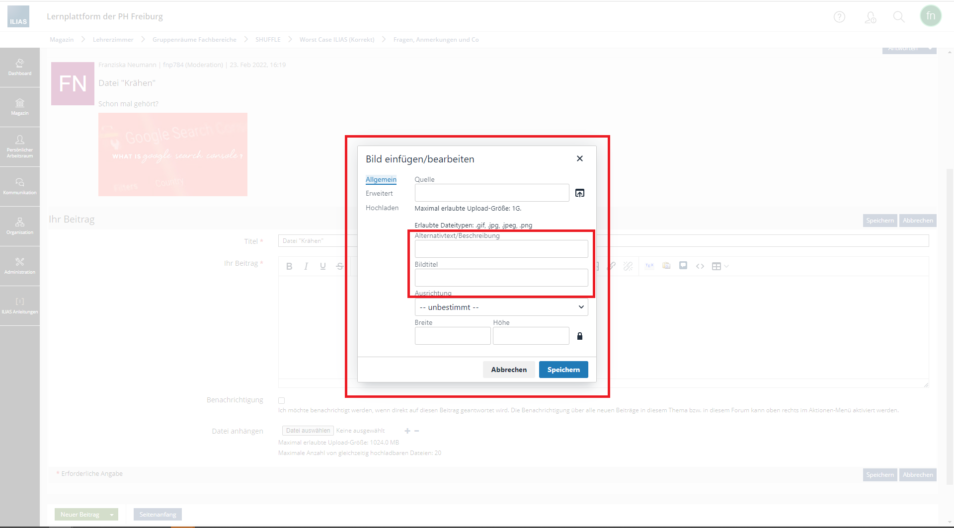 Screenshot der Upload-Maske des Bilduploads. In der Maske ist ein Freitextfeld für den Alternativtext und den Bildtitel zu sehen.