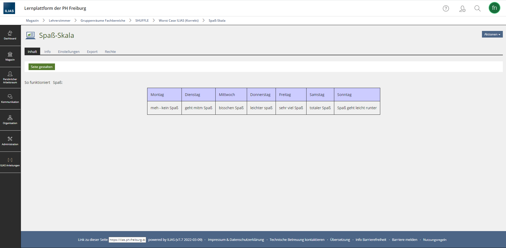 Screenshot einer ILIAS Inhaltsseite mit einer Beispiel Tabelle.