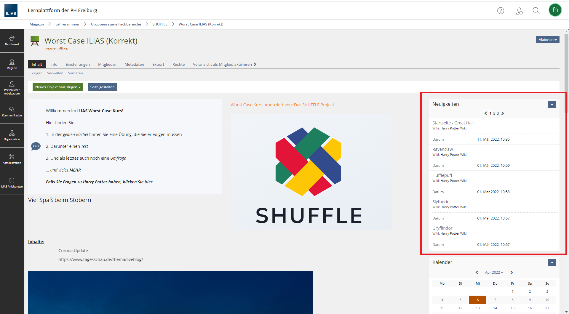 Screenshot eines ILIAS Kursraum, in dem der Neuigkeiten-Feed rot umrandet ist.