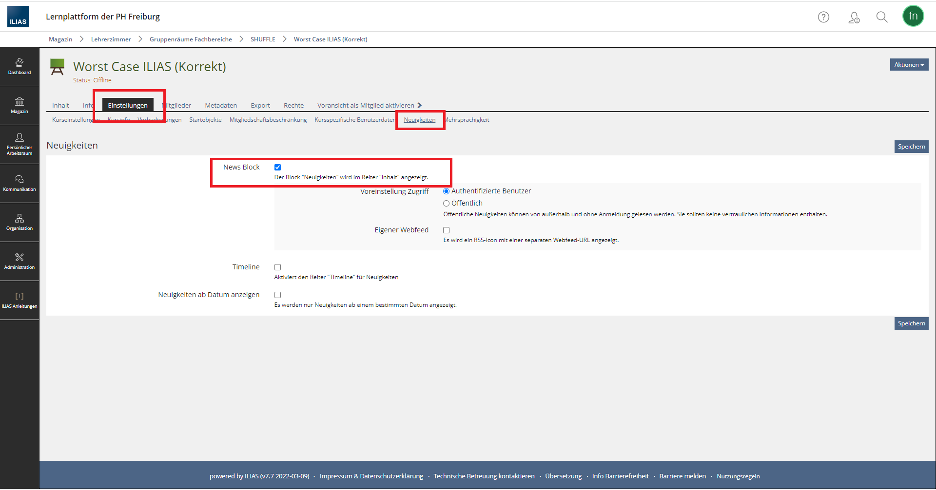 Screenshot der ILIAS Kursraumeinstellungen. Es werden die Einstellungen unter dem Neuigkeiten Reiter gezeigt.
