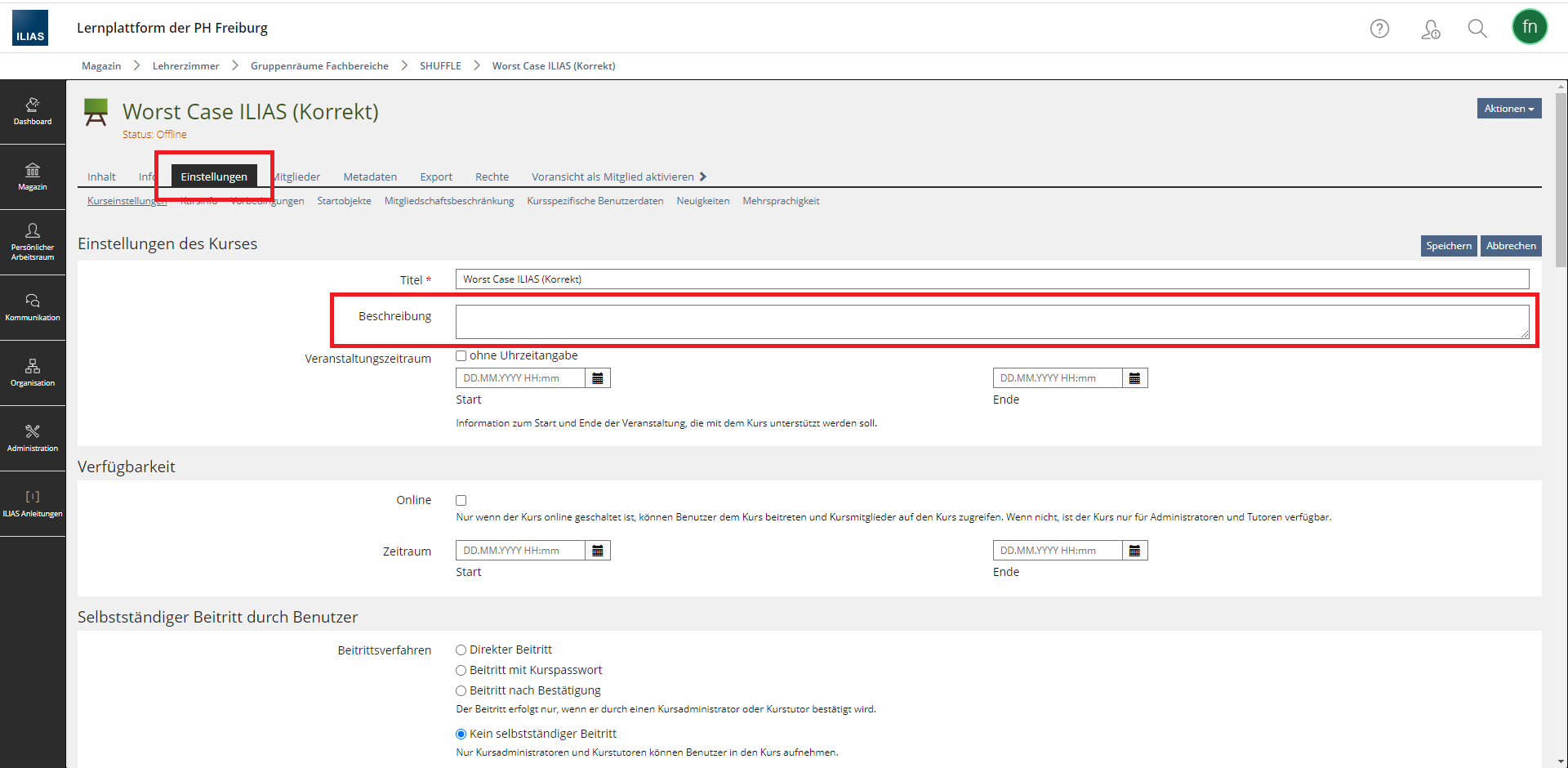 Screenshot des Einstellungsmenüs eines ILIAS-Kurses