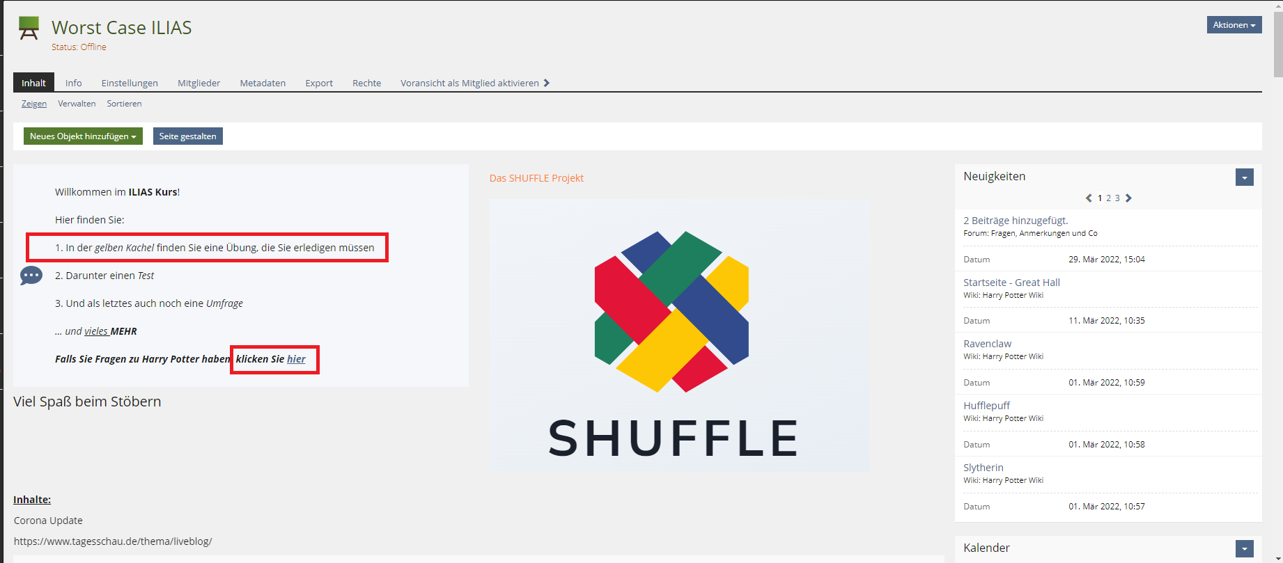 Screenshot der Eingangsseite eines ILIAS-Kursraumes, welcher besonders barrierevoll gestaltet wurde. Text mit barrierevoller Beschreibung ist rot umrahmt.