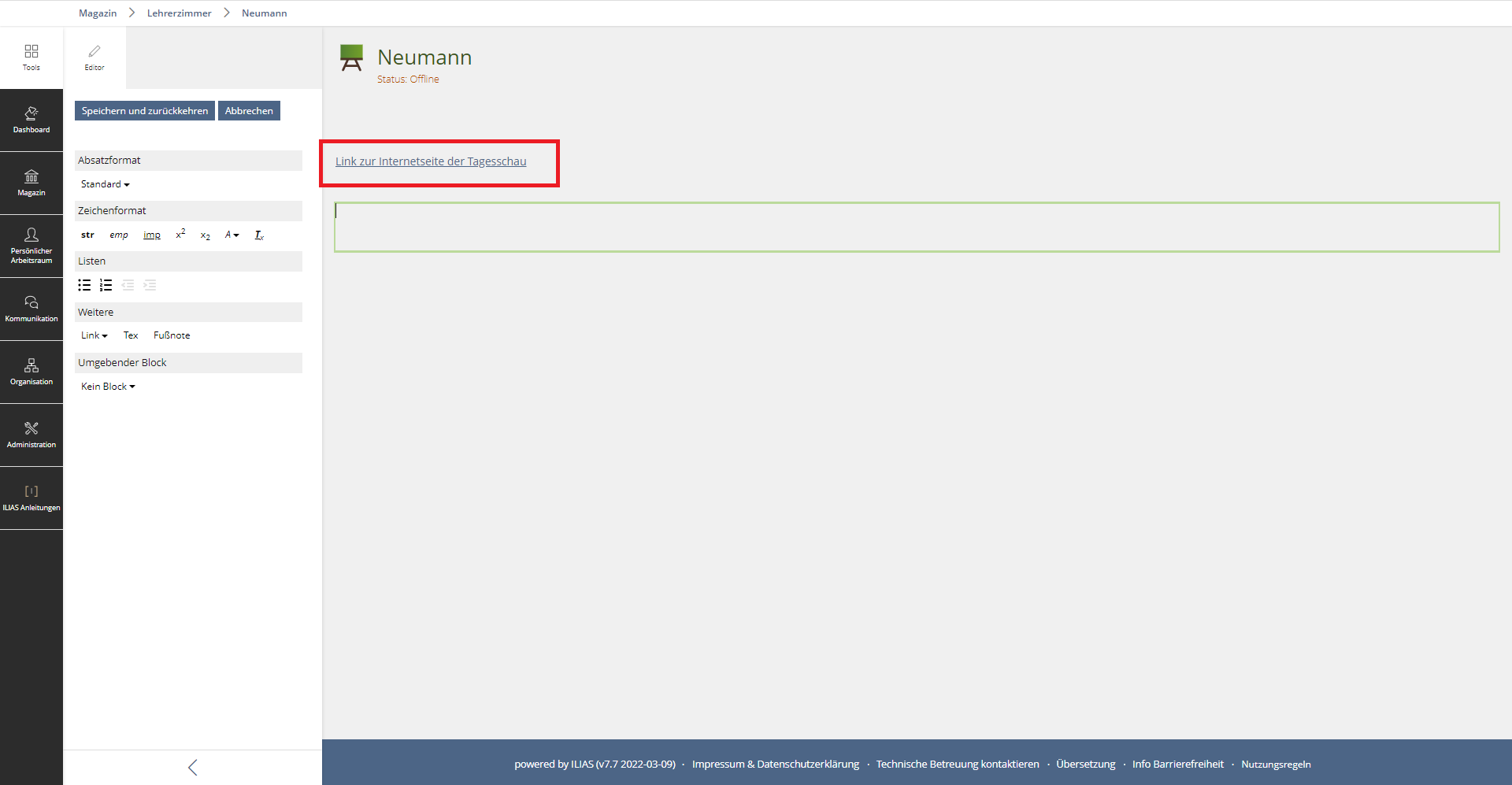 Screenshot eines ILIAS-Kursraum mit offenem Textfeld indem ein Link mit Beschriftung zu sehen ist.