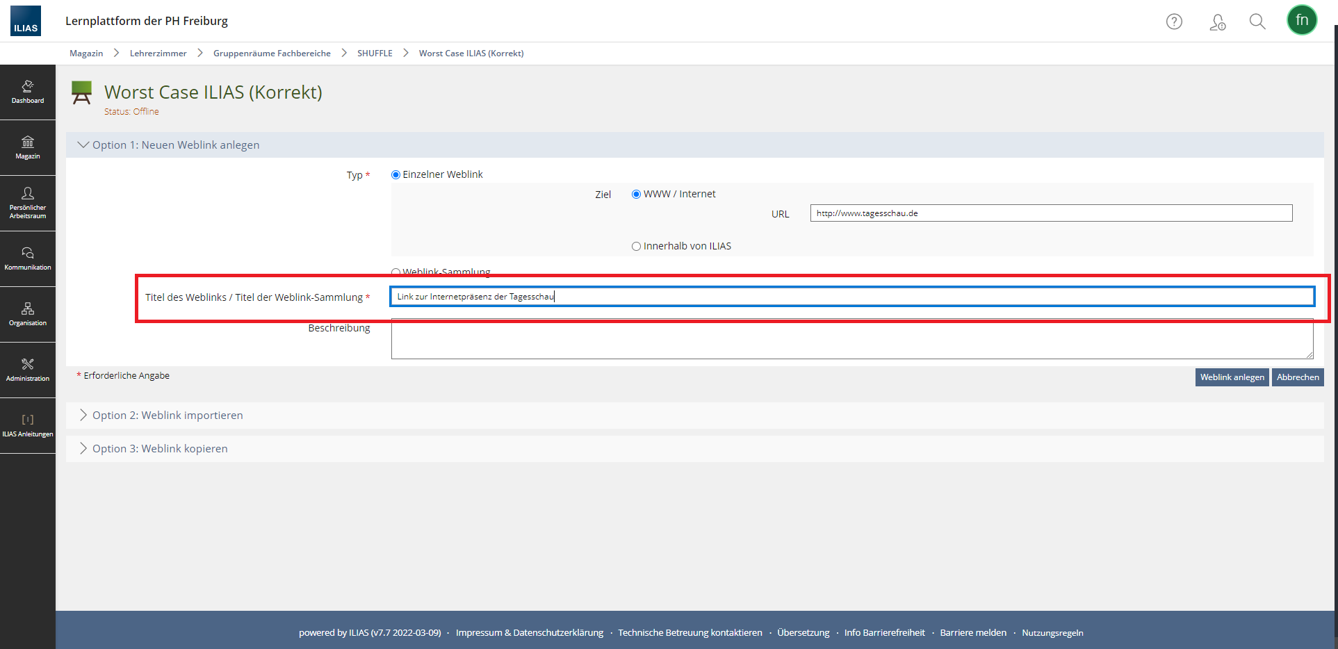 Screenshots des ILIAS Menüs zum Einfügen eines Links.