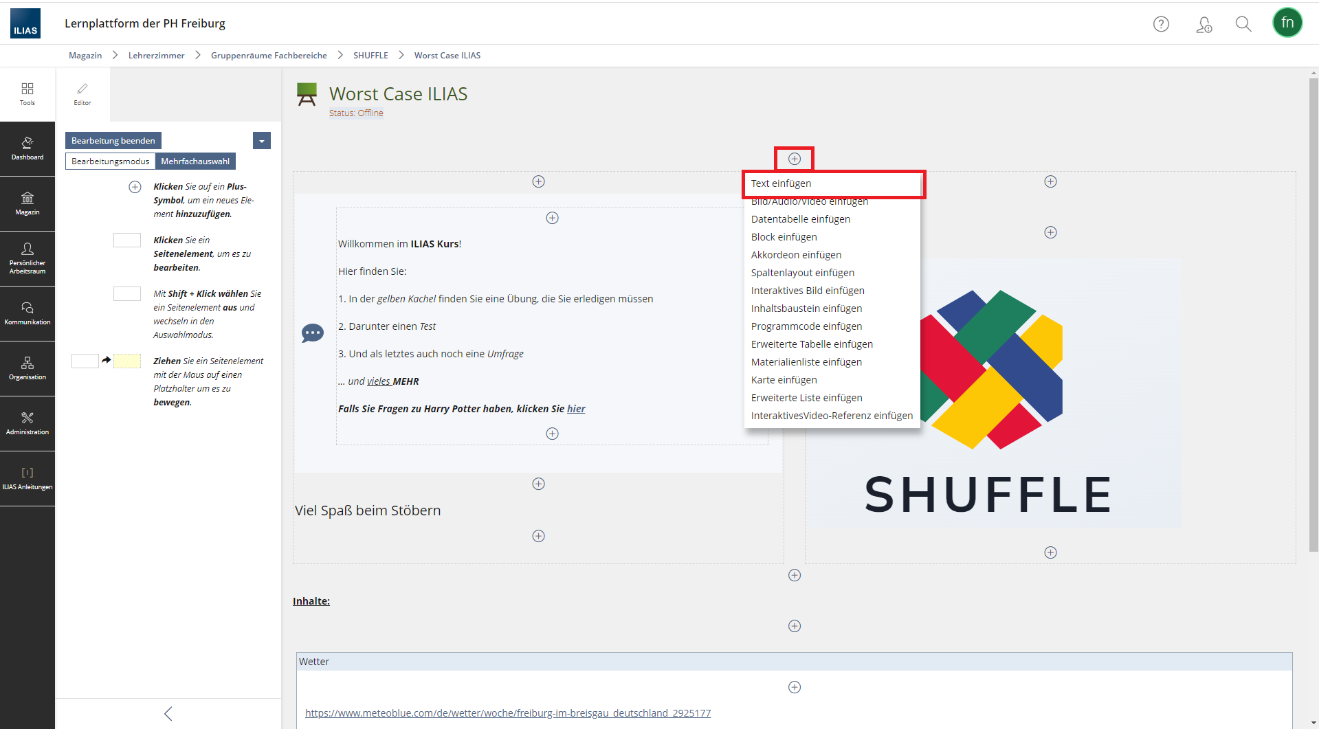 Screenshot eines ILIAS Kursraum. Über die Plus-Schaltfläche sind die Gestaltungsmöglichkeiten geöffnet.