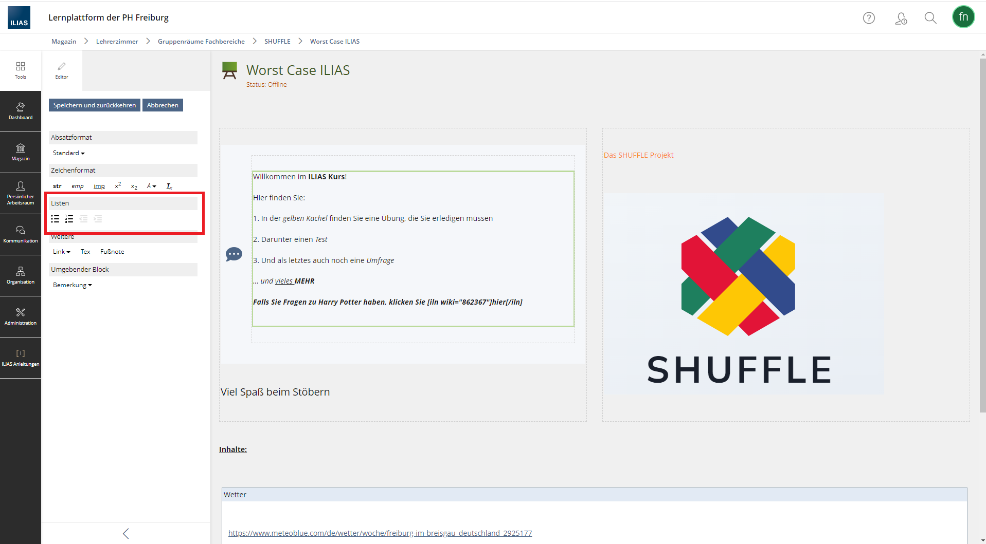 Screenshot eines ILIAS Kursraum. Der Texteditor ist geöffnet und die Listen Formatierungen sind rot umrandet.