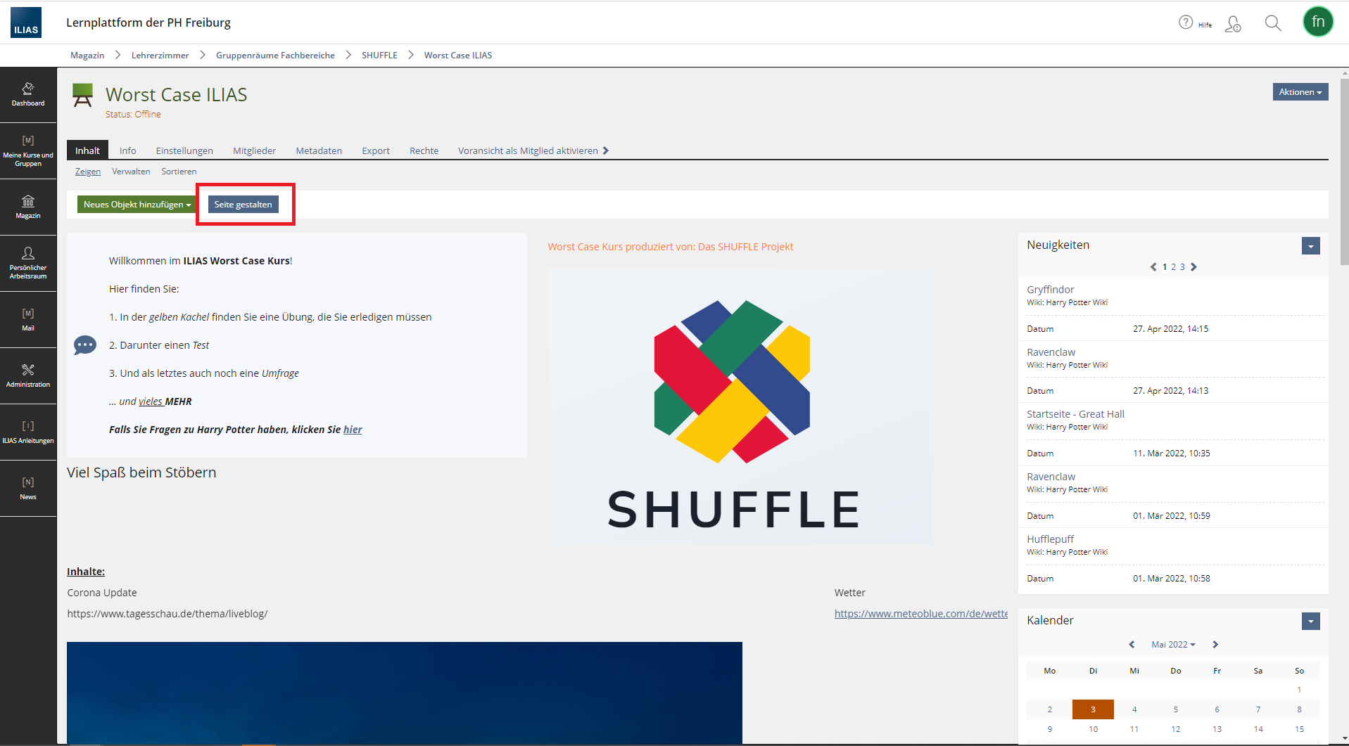 Screenshot eines ILIAS Kursraum. Die 
Schaltfläche "Seite gestalten" ist rot umrahmt.