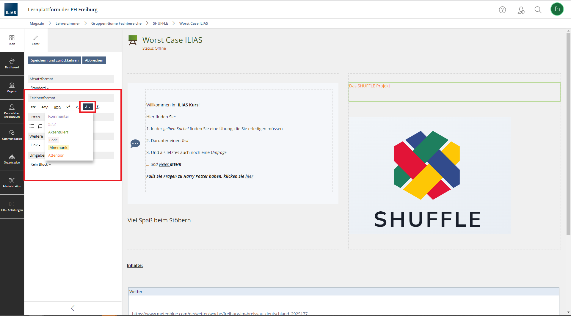 Screenshot eines ILIAS-Kursraum im Bearbeitungsmodus. Der Text-Editor ist geöffnet. 