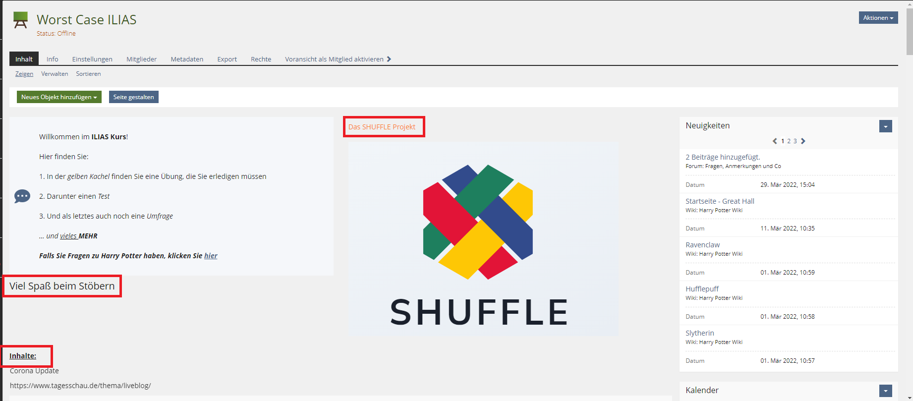 Ausschnitt eines ILIAS-Kursraums, falsch hervorgehobenen Überschriften sind darin rot umrandet