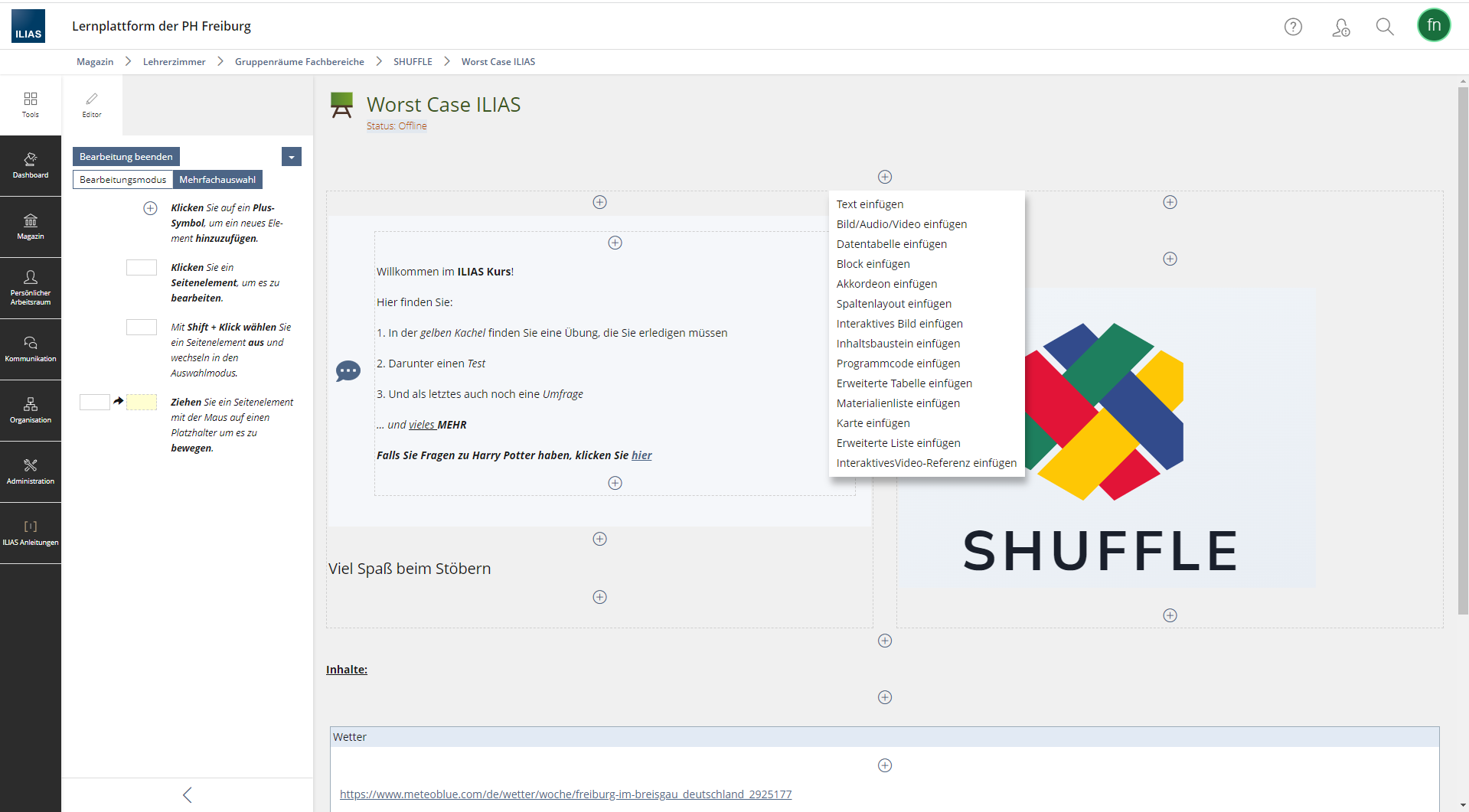 Ausschnitt eines ILIAS Kursraum, es wurde auf das Plus-Zeichen geklickt und das Drop-Down-Menü angewählt.