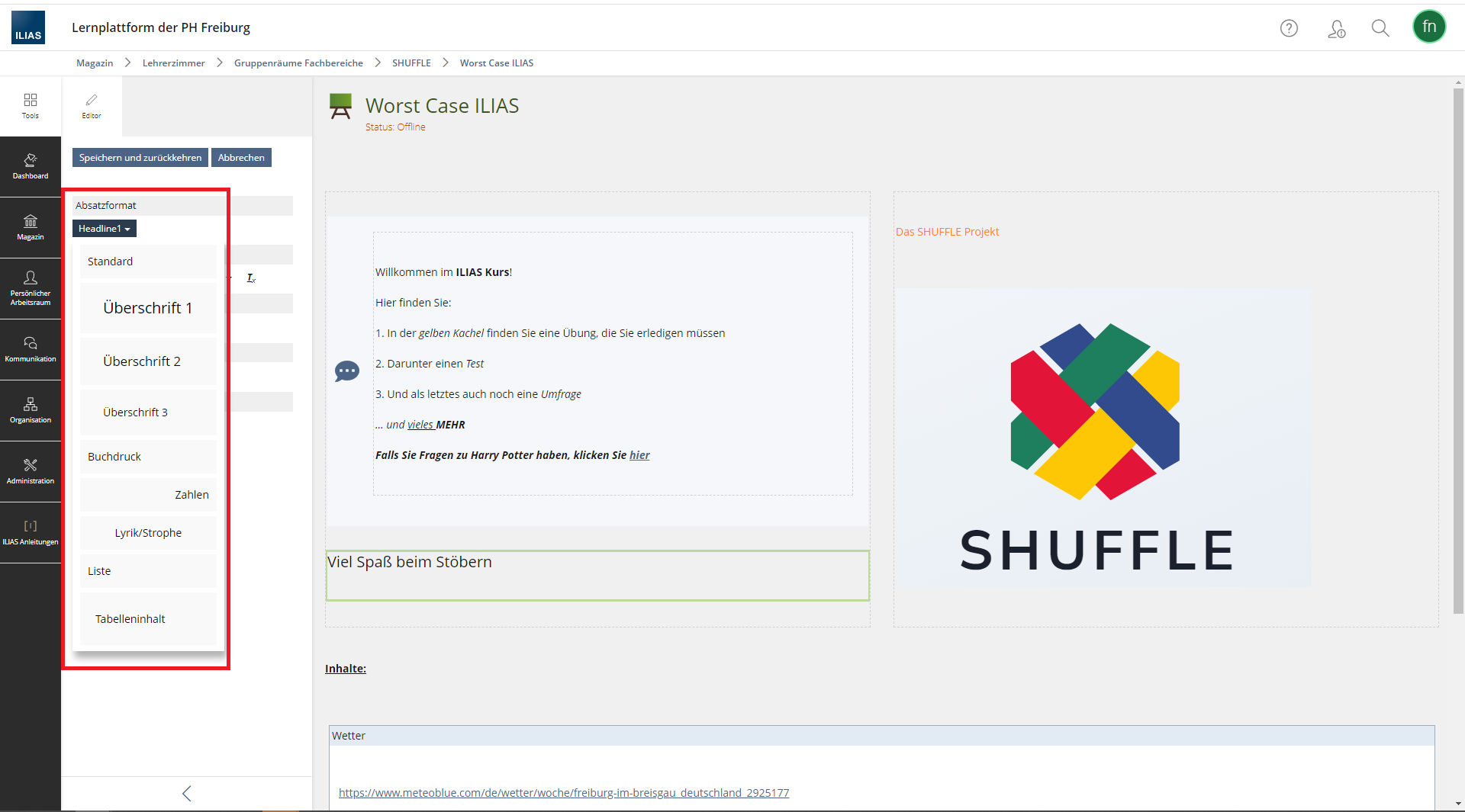 Ausschnitt eines ILIAS Kursraum, der Texteditor ist aufgeklappt und die Überschriftenlayout-Optionen sind rot umrandet.