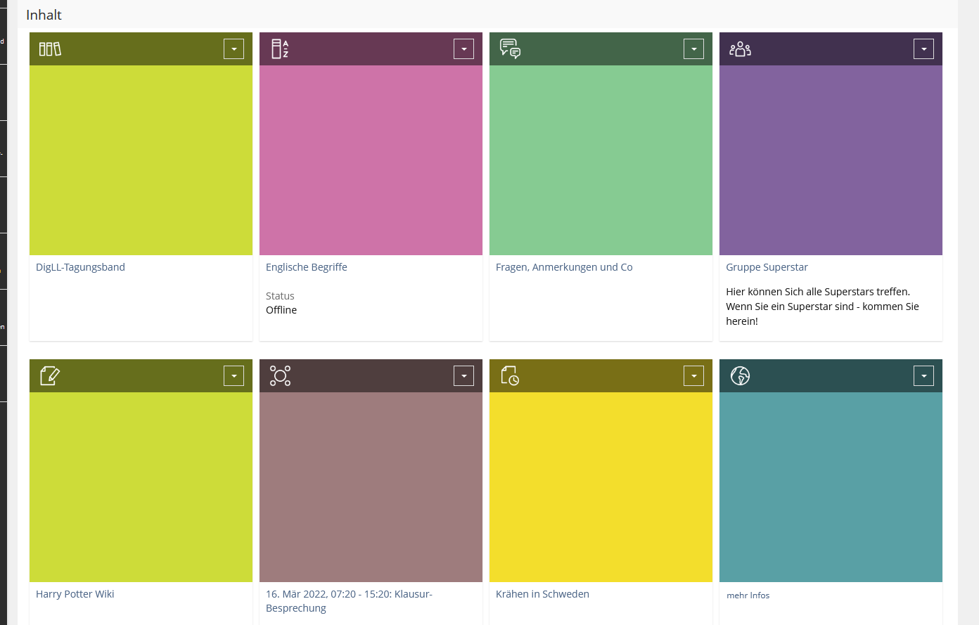 Kursinhalte in der Kacheldarstellung, mit bunten Kacheln über jeder Inhaltsüberschrift