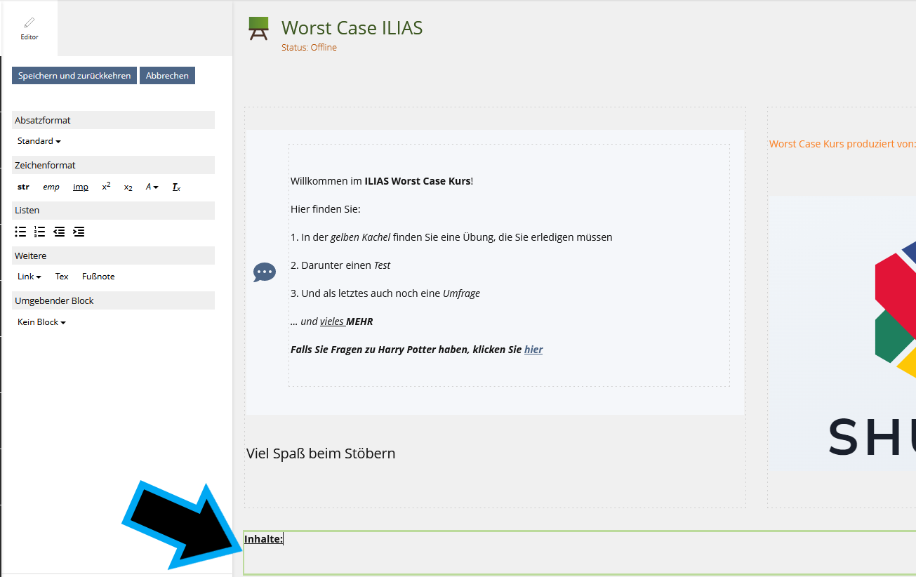 Auszug eines ILIAS Kursraums mit geöffneter Bearbeitungsmaske. Ein Pfeil zeigt auf den Text "Inhalte".