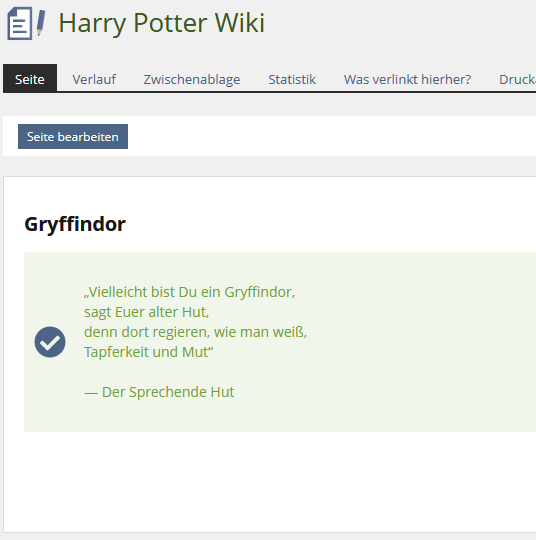 Auszug des ILIAS Harry Potter Wikis. Es zeigt ein grün geschriebenes Zitat über Gryffindor.