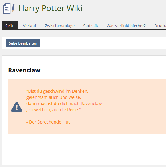 Auszug des ILIAS Harry Potter Wikis. Es zeigt ein orange geschriebenes Zitat über Ravenclaw.
