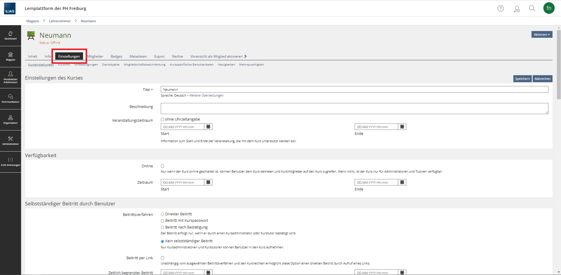 Screenshot des Einstellungs-Menüs eines Kurses in ILIAS
