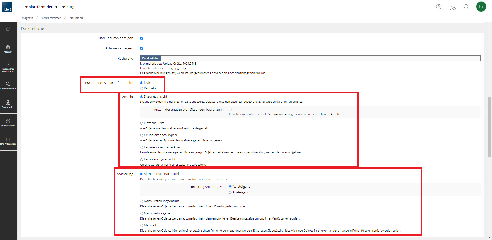 Screenshot des Einstellungs-Menüs eines Kurses in ILIAS. Es werden die Darstellungsmöglichkeiten angezeigt.