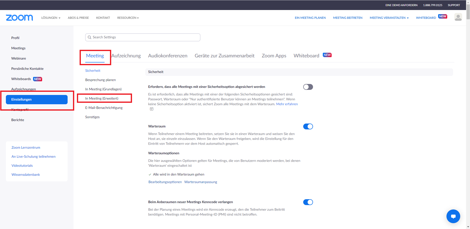 Screenshot des Einstellungs-Menü von Zoom.