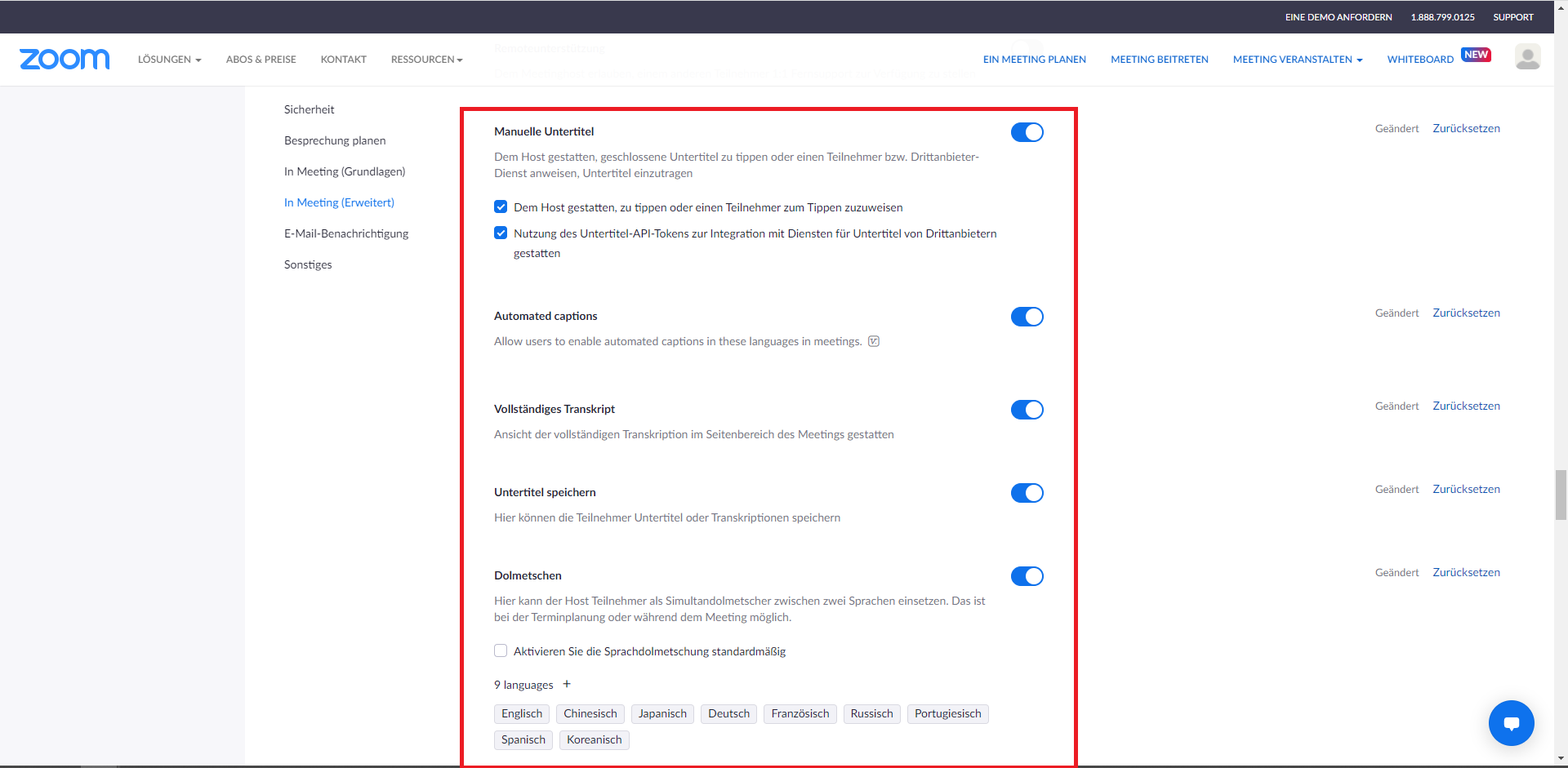 Screenshot der Einstellungen in Zoom. Die erweiterten Meeting-Einstellungen sind geöffnet.