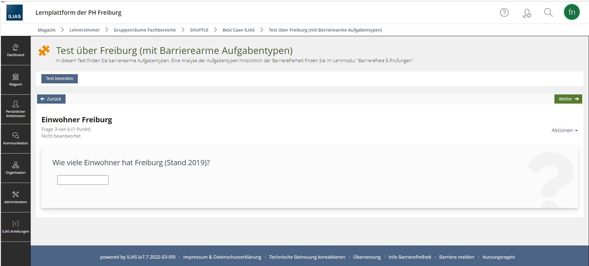 Screenshot eines ILIAS Tests mit einer Numerische Antwort-Aufgabe. Die Aufgabe lautet: Wie viele Einwohner hat Freiburg (Stand 2019)?